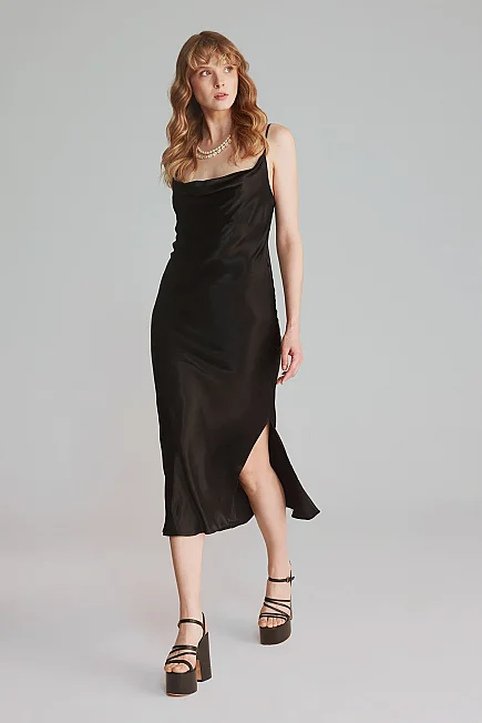 Cowl Neck Satin Evening Dress - Black - 1