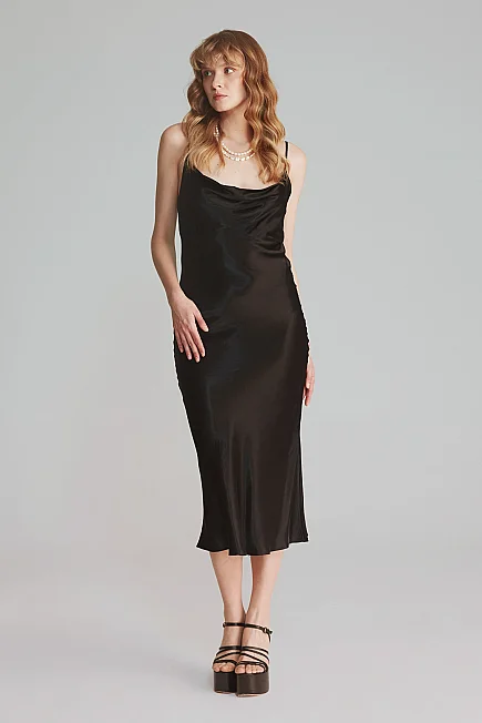 Cowl Neck Satin Evening Dress - Black - 3