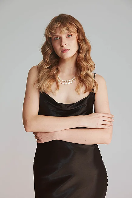 Cowl Neck Satin Evening Dress - Black - 5