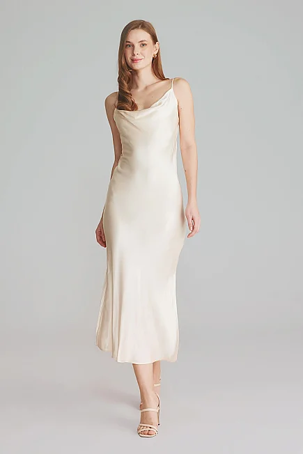 Cowl Neck Satin Evening Dress - Ecru - Gusto