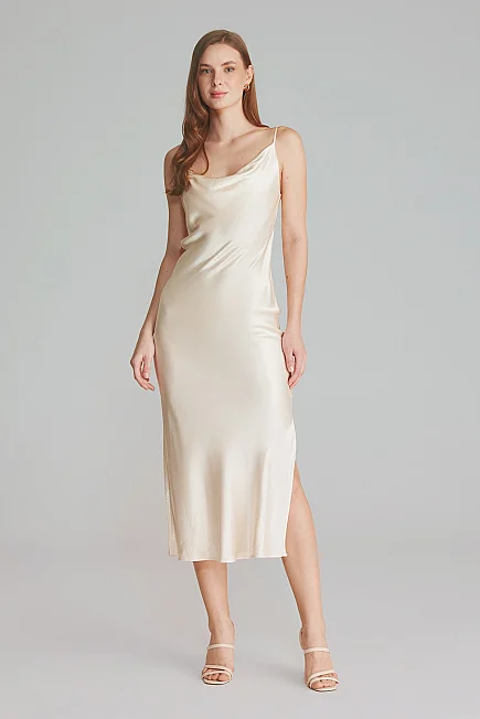 Cowl Neck Satin Evening Dress - Ecru - Gusto
