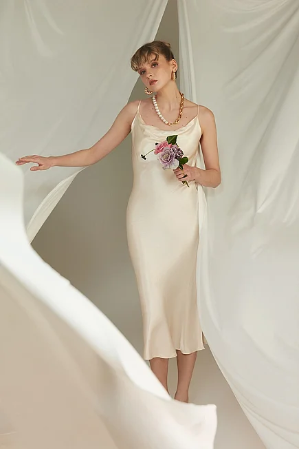 Cowl Neck Satin Evening Dress - Ecru - Gusto