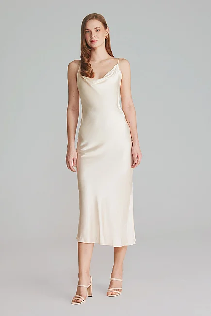 Cowl Neck Satin Evening Dress - Ecru - Gusto