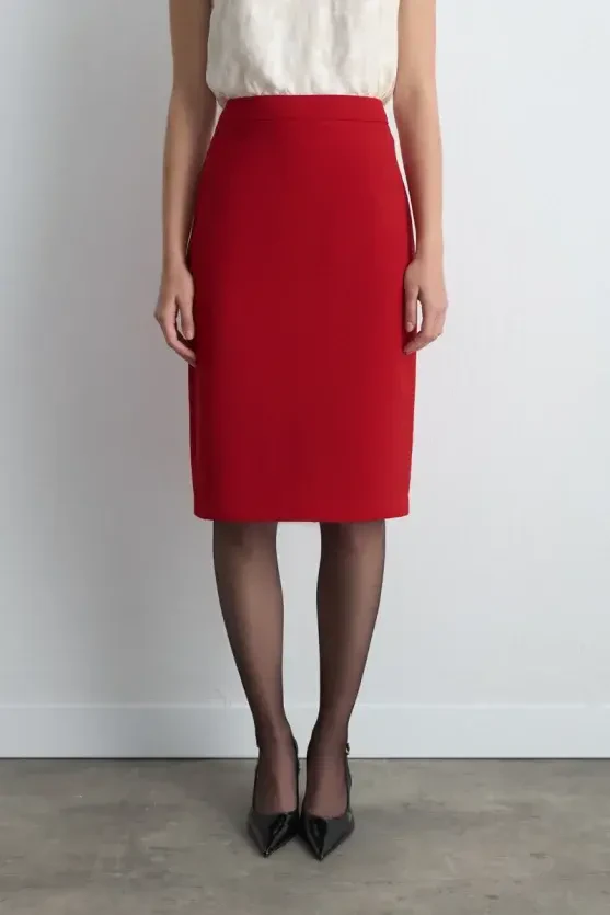 Crepe Pencil Skirt - Red - 2