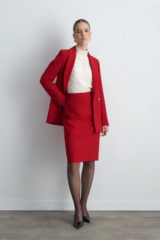 Crepe Pencil Skirt Red - 3