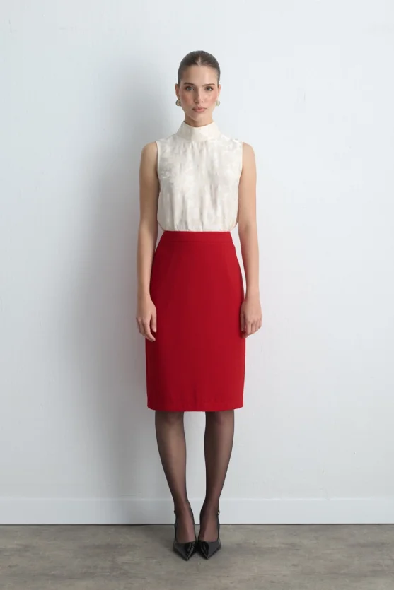 Crepe Pencil Skirt Red - 4