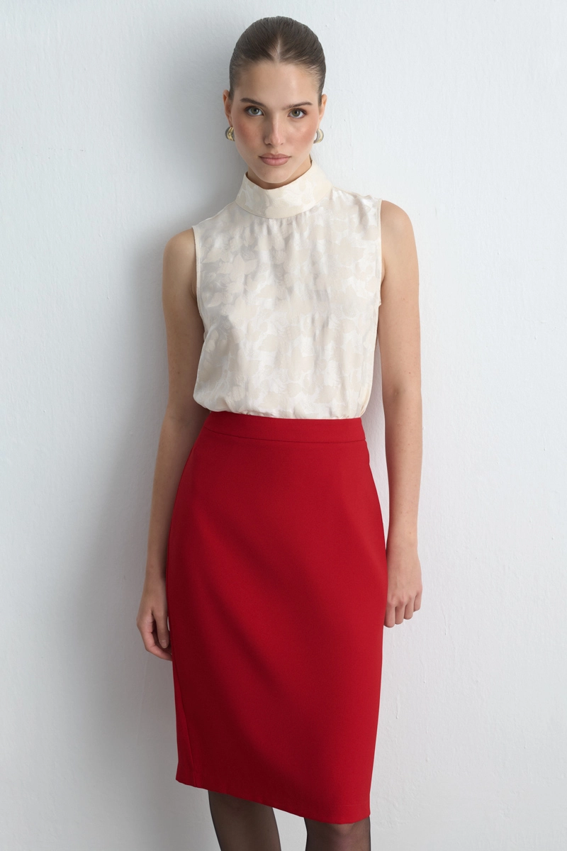 Crepe Pencil Skirt Red