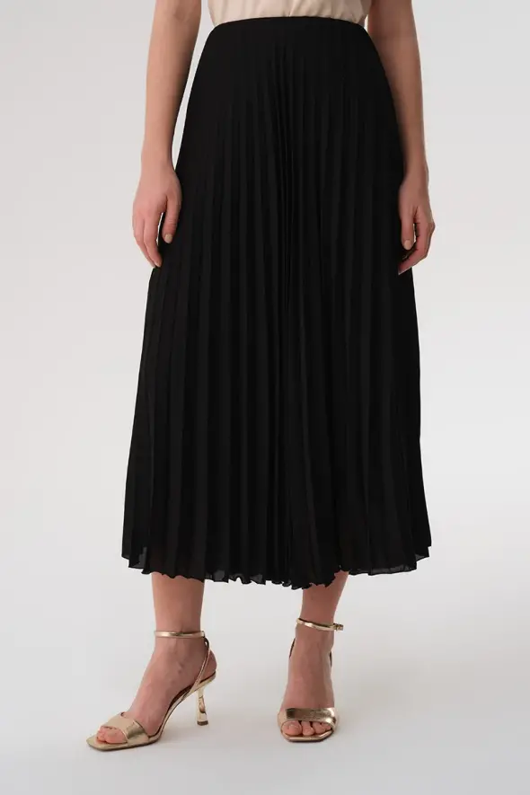 Crepe Pleated Skirt - Black - 1