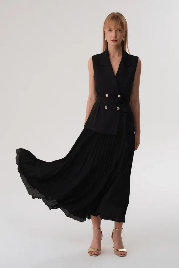 Crepe Pleated Skirt - Black - 3