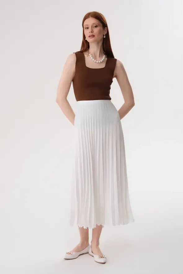 Crepe Pleated Skirt - White - 2