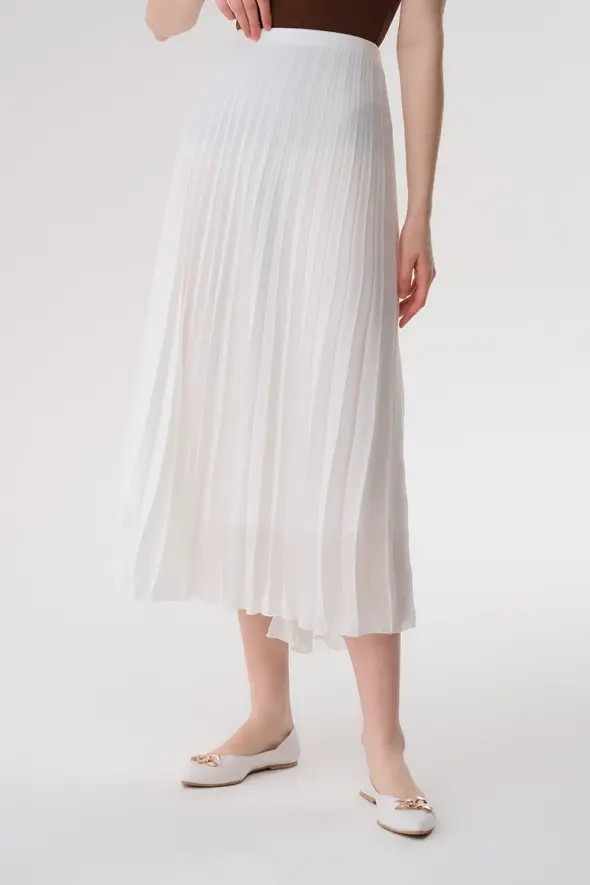 Crepe Pleated Skirt - White - 1