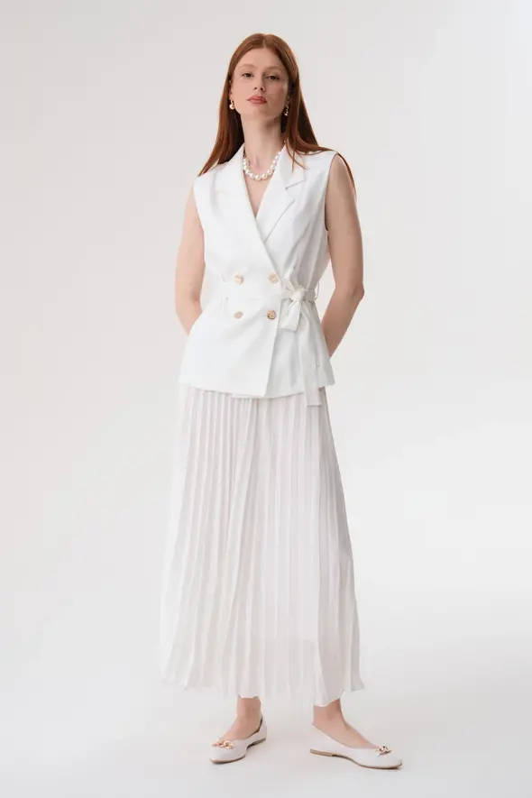 Crepe Pleated Skirt - White - 3