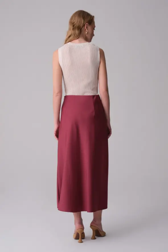 Crepe Satin Diagonal Skirt - Burgundy - 5