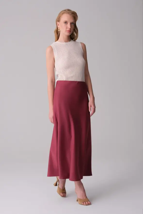 Crepe Satin Diagonal Skirt - Burgundy - 2