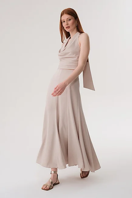 Crepe Satin Panel Maxi Skirt - Platinum - 4