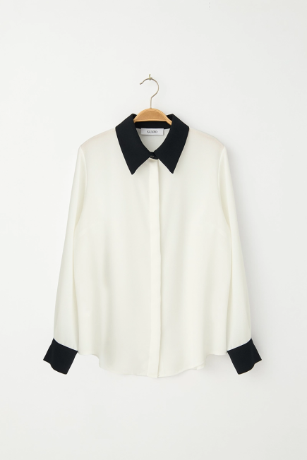 Crepe Shirt with Contrast Collar and Cuffs - White White