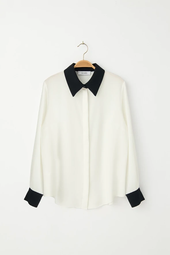 Crepe Shirt with Contrast Collar and Cuffs - White - 1