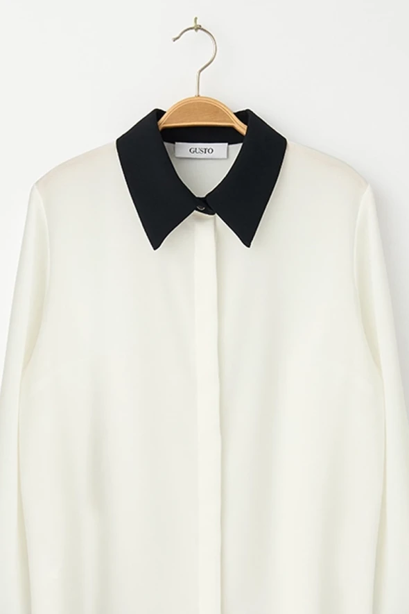 Crepe Shirt with Contrast Collar and Cuffs - White - 2