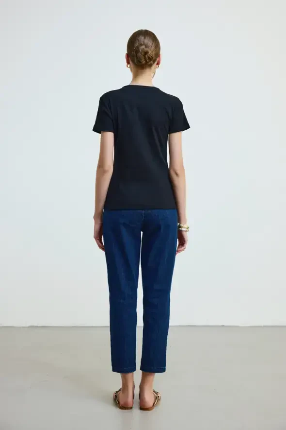 Crew Neck Cotton Ribbed T-Shirt - Black - 5