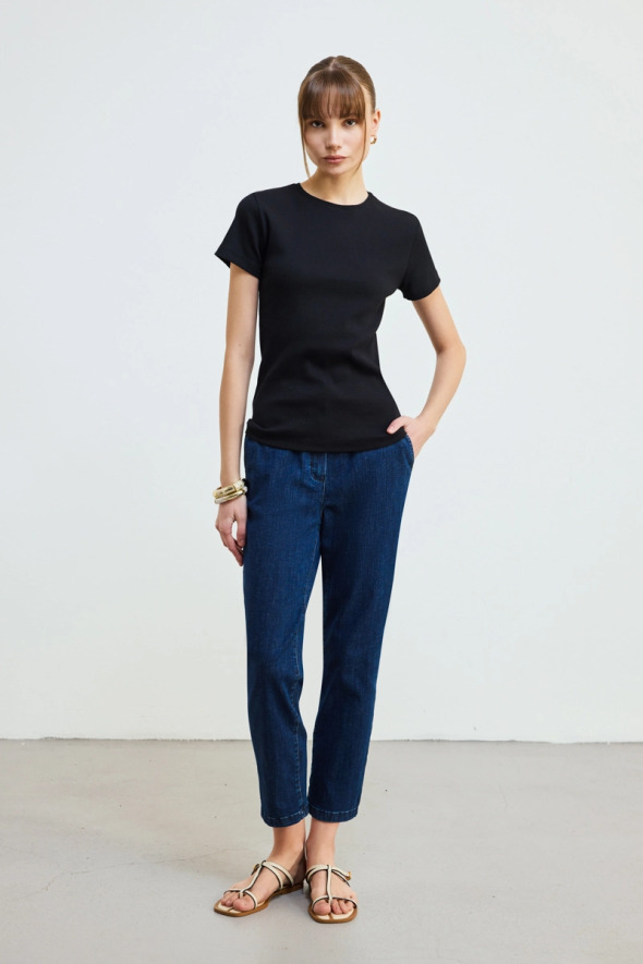 Crew Neck Cotton Ribbed T-Shirt - Black - 2