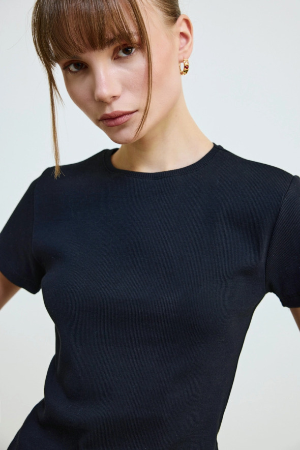 Crew Neck Cotton Ribbed T-Shirt - Black - 4
