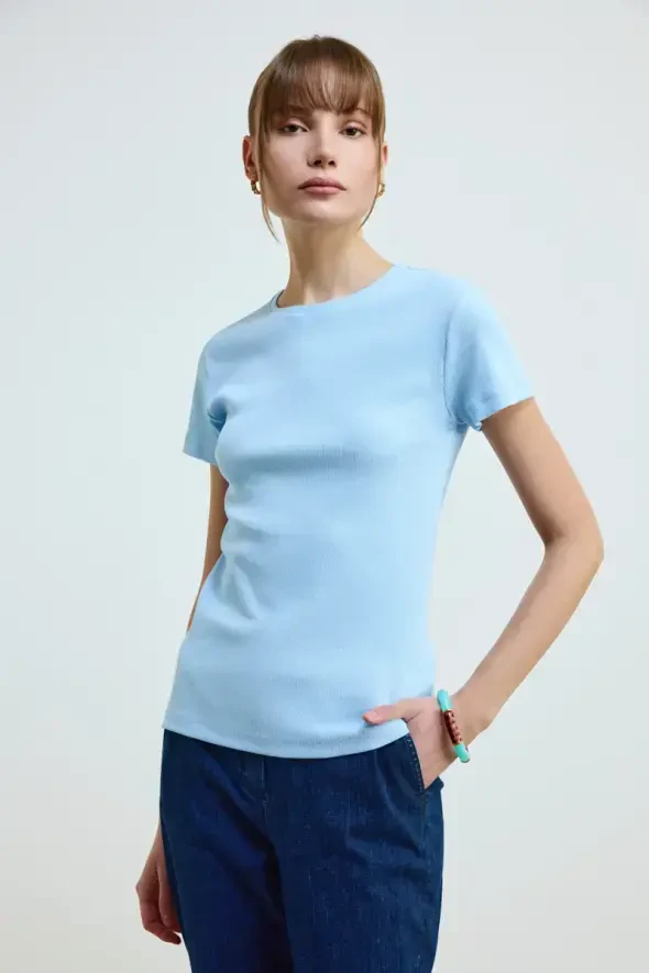 Crew Neck Cotton Ribbed T-Shirt - Blue - 1
