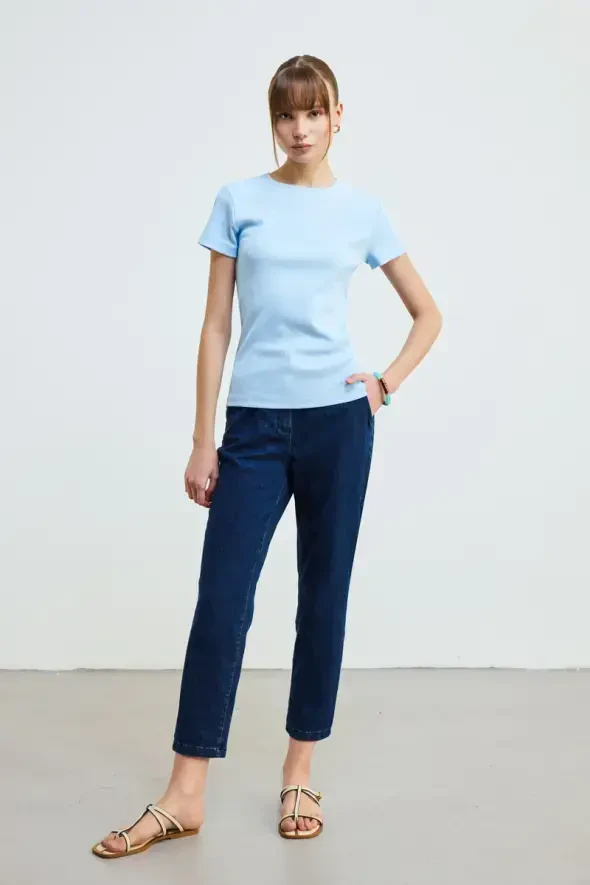 Crew Neck Cotton Ribbed T-Shirt - Blue - 2
