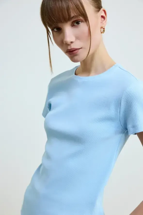 Crew Neck Cotton Ribbed T-Shirt - Blue - 3