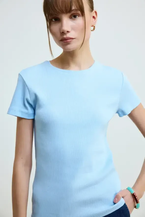 Crew Neck Cotton Ribbed T-Shirt - Blue - 4