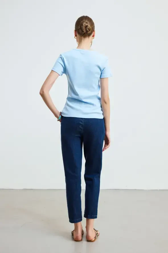 Crew Neck Cotton Ribbed T-Shirt - Blue - 5