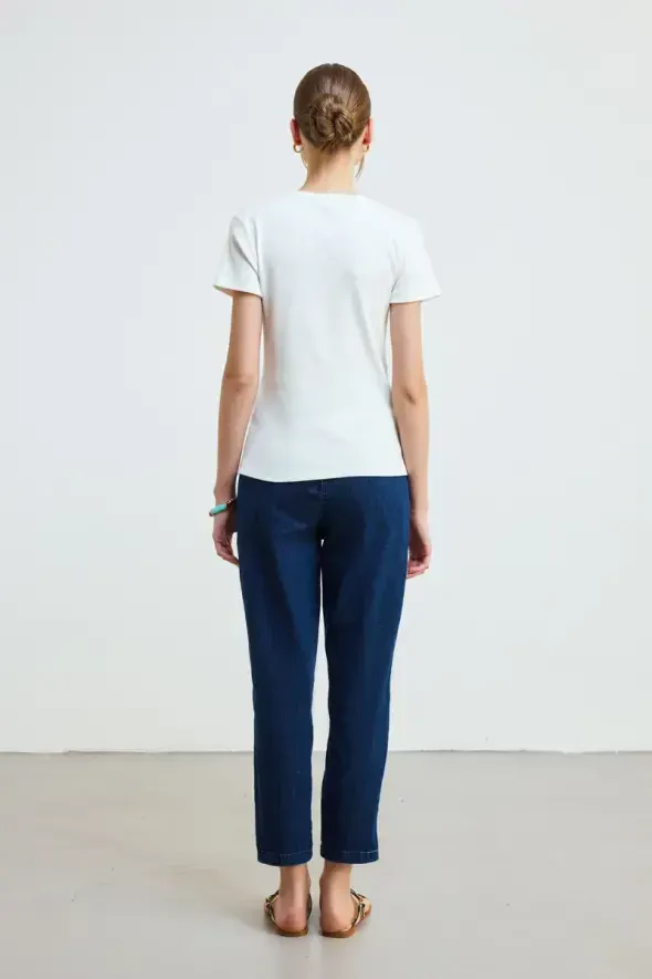 Crew Neck Cotton Ribbed T-Shirt - Ecru - 4