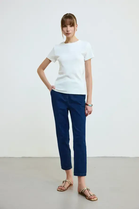 Crew Neck Cotton Ribbed T-Shirt - Ecru - 2