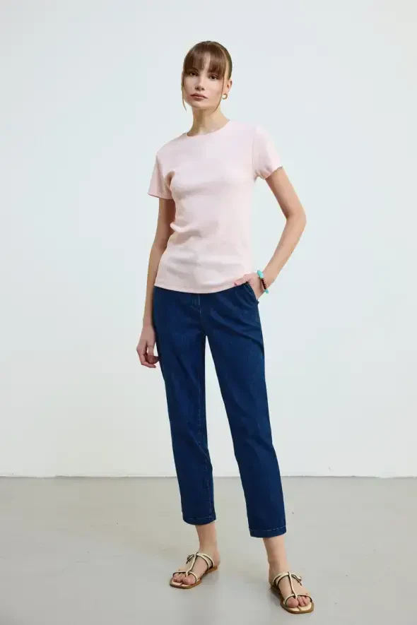 Crew Neck Cotton Ribbed T-Shirt - Powder - 2