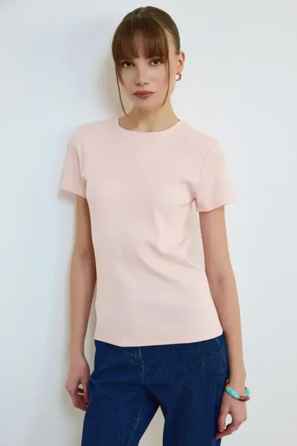 Crew Neck Cotton Ribbed T-Shirt - Powder - 4
