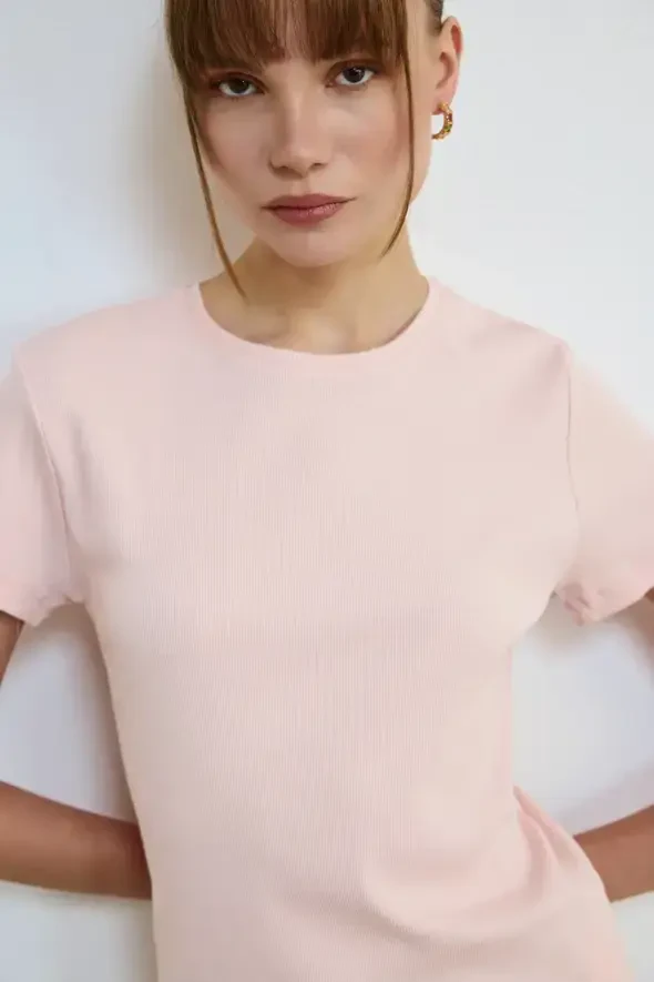 Crew Neck Cotton Ribbed T-Shirt - Powder - 5