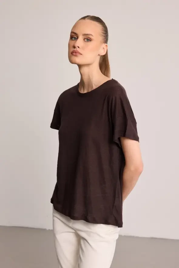Crew Neck Linen T-Shirt - Brown - 1