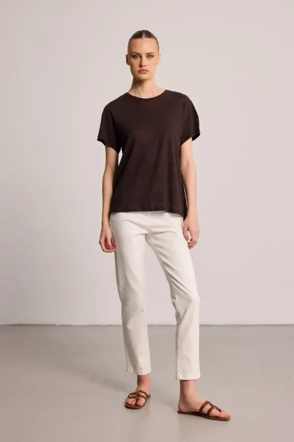 Crew Neck Linen T-Shirt - Brown - 2