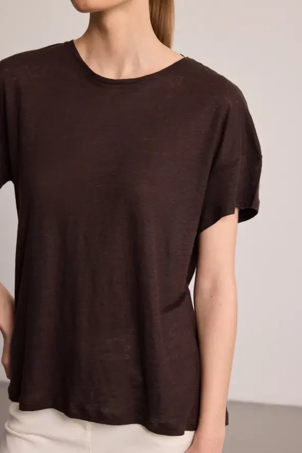 Crew Neck Linen T-Shirt - Brown - 3