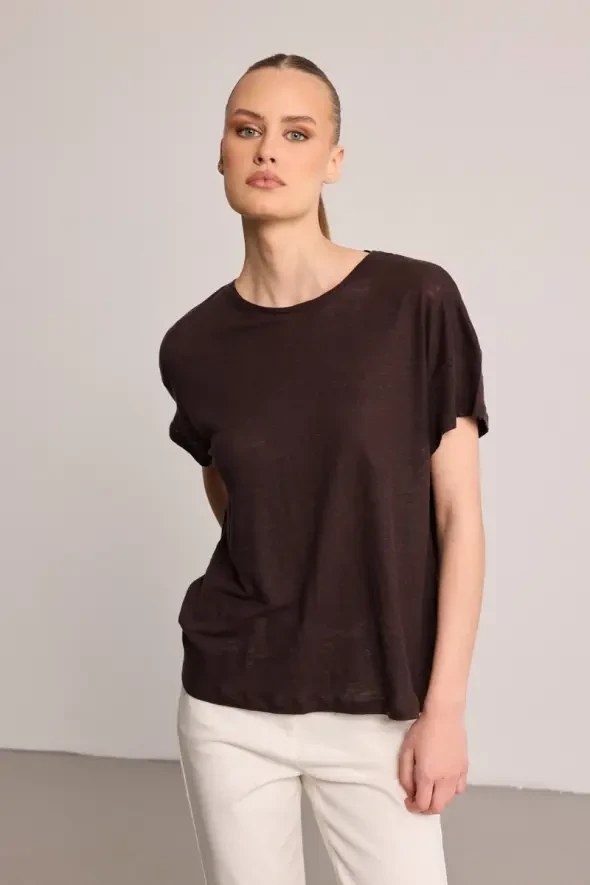 Crew Neck Linen T-Shirt - Brown - 4