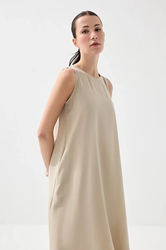 Crew Neck Long Relaxed Fit Modal Dress - Stone - 2