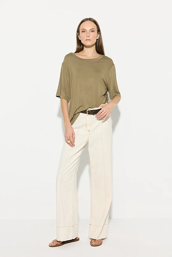 Crew Neck Relaxed Fit Bamboo T-Shirt - Khaki - Gusto