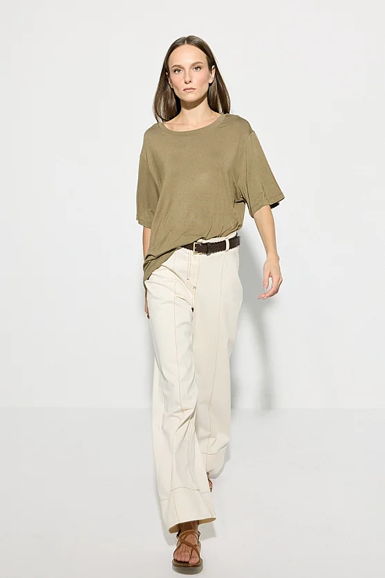 Crew Neck Relaxed Fit Bamboo T-Shirt - Khaki - Gusto