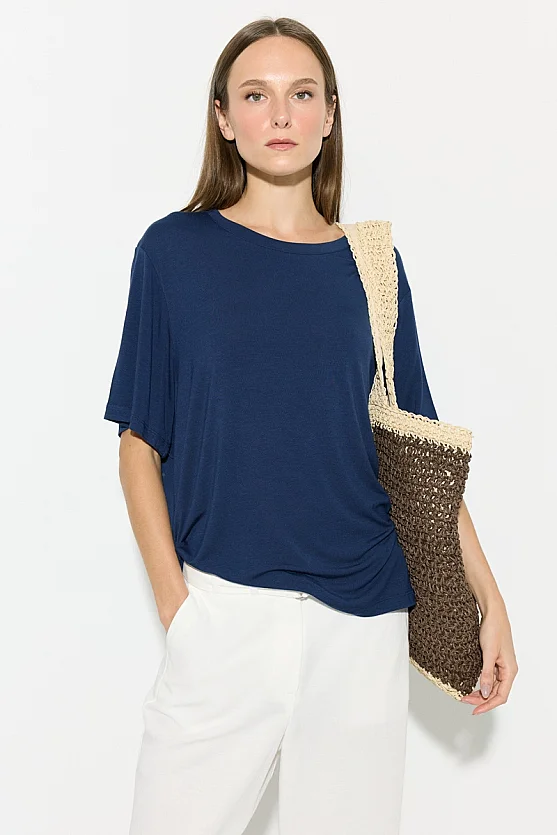 Crew Neck Relaxed Fit Bamboo T-Shirt - Navy Blue - 1