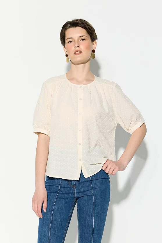 Crew Neck Short Sleeve Cotton Blouse - Ecru - Gusto