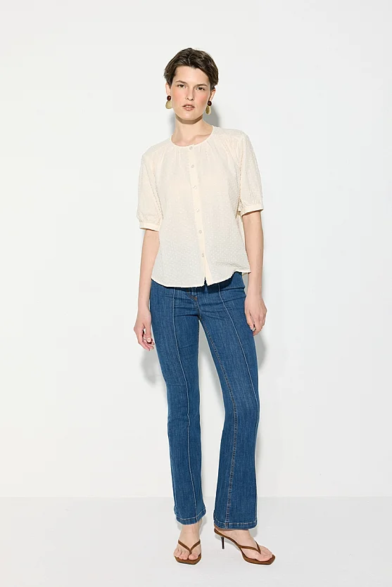 Crew Neck Short Sleeve Cotton Blouse - Ecru - Gusto