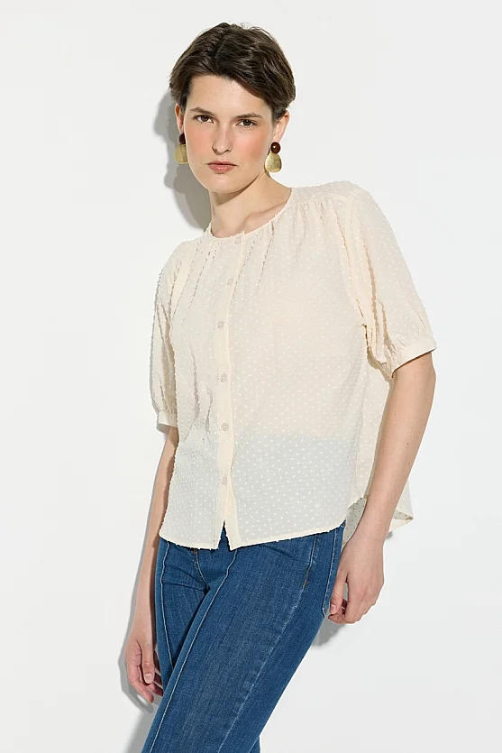 Crew Neck Short Sleeve Cotton Blouse - Ecru - 4