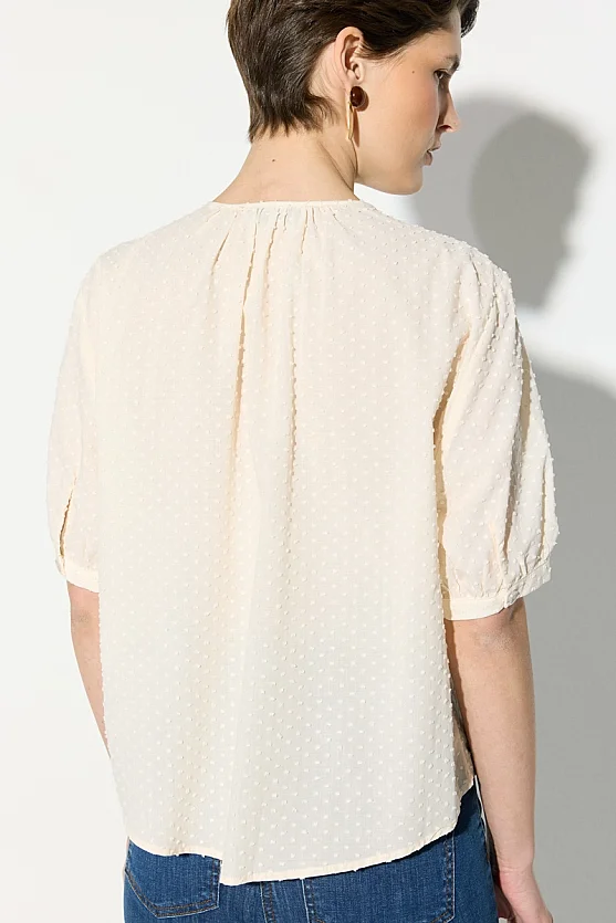 Crew Neck Short Sleeve Cotton Blouse - Ecru - 6