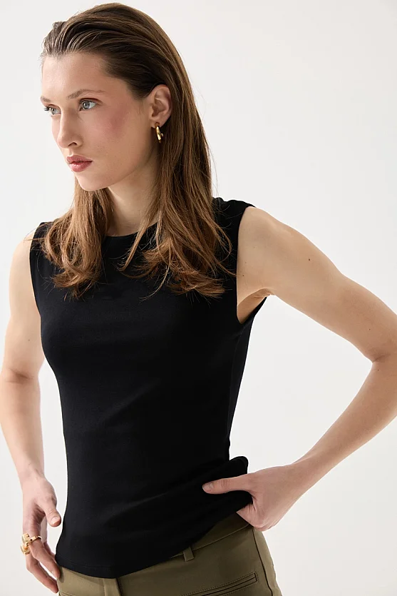 Crew Neck Sleeveless Tank Top - Black - Gusto