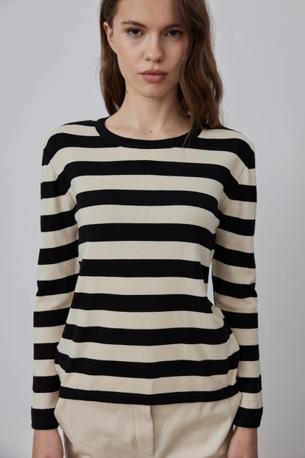 Crew Neck Striped Knitwear Tshirt - Black Black