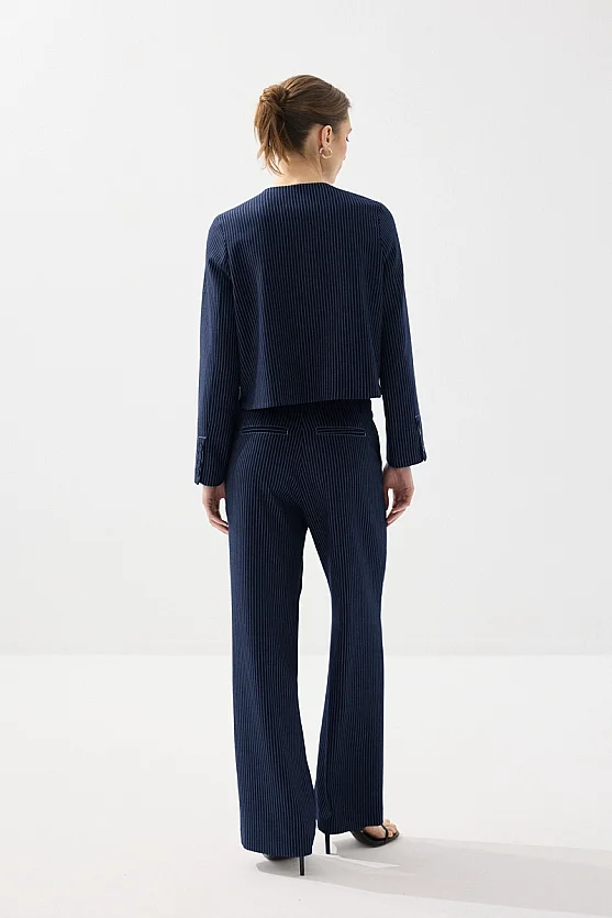 Crew Neck Striped Viscose Linen Jacket - Navy Blue - 5